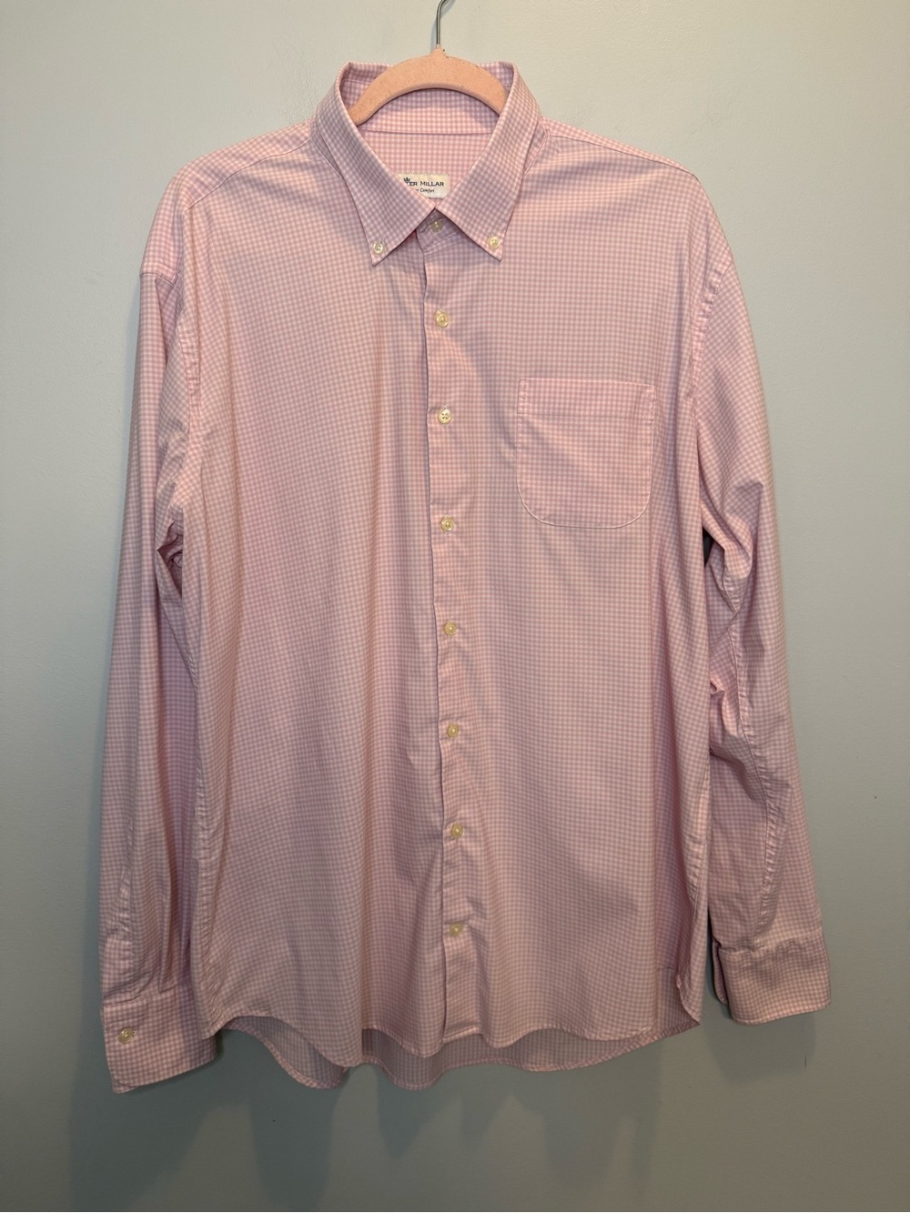 Peter Millar Summer Comfort Pink White Gingham Sport Shirt Mens XL Long Sleeve